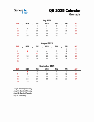 Grenada Quarter 3 2025 calendar template