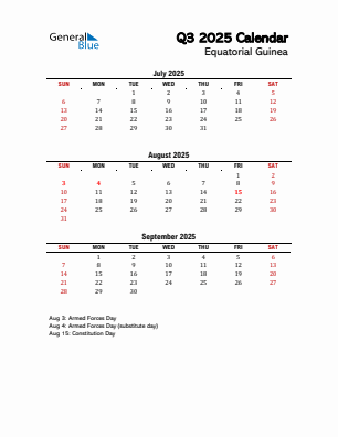 Equatorial Guinea Quarter 3 2025 calendar template