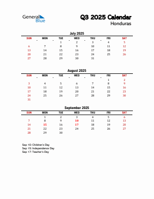 Honduras Quarter 3 2025 calendar template