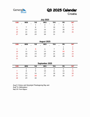 Croatia Quarter 3 2025 calendar template