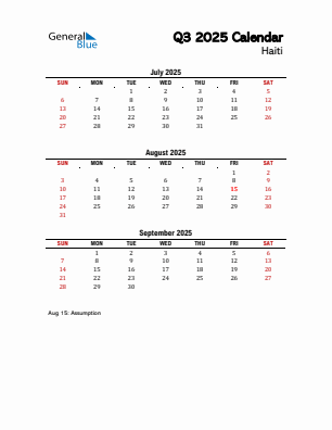 Haiti Quarter 3 2025 calendar template
