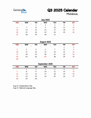 Moldova Quarter 3 2025 calendar template