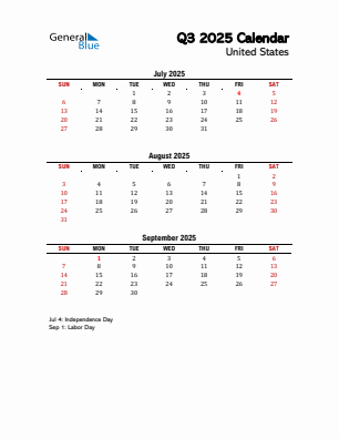 United States Quarter 3 2025 calendar template