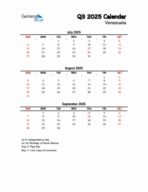 Venezuela Quarter 3 2025 calendar template
