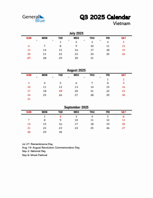 Vietnam Quarter 3 2025 calendar template
