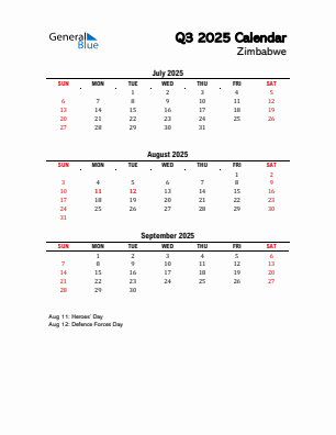 Zimbabwe Quarter 3 2025 calendar template
