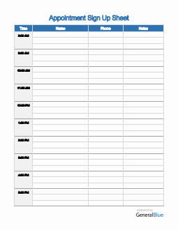 Sign Up Sheet With Time Slots in PDF