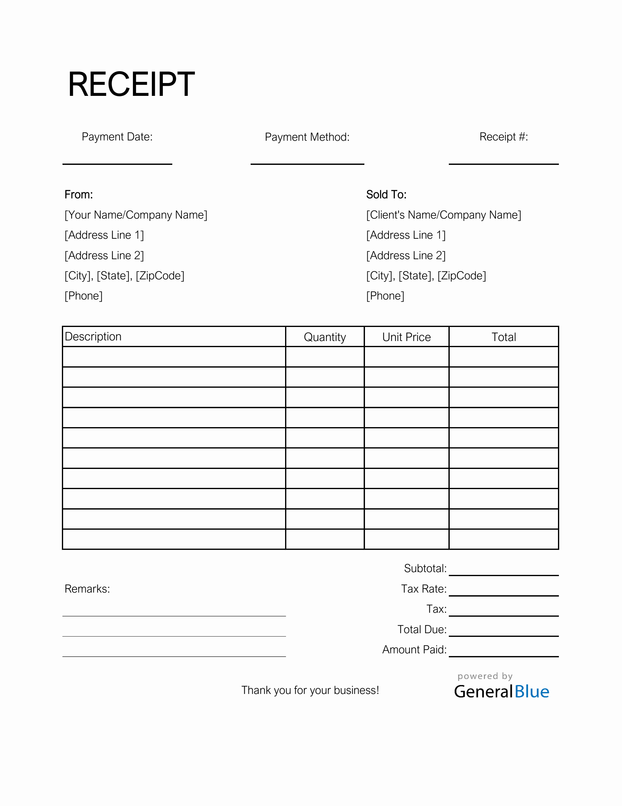 blank receipt template in excel simple