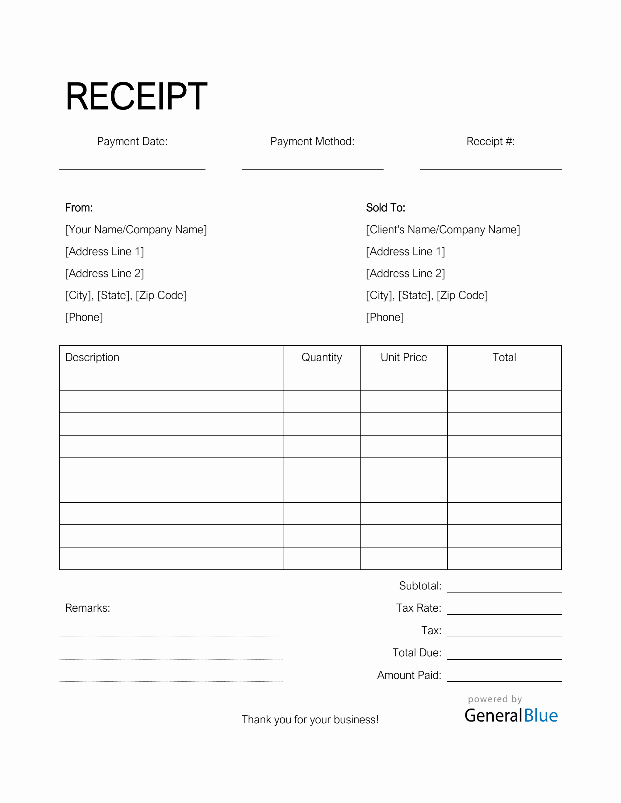 blank receipt template in word simple