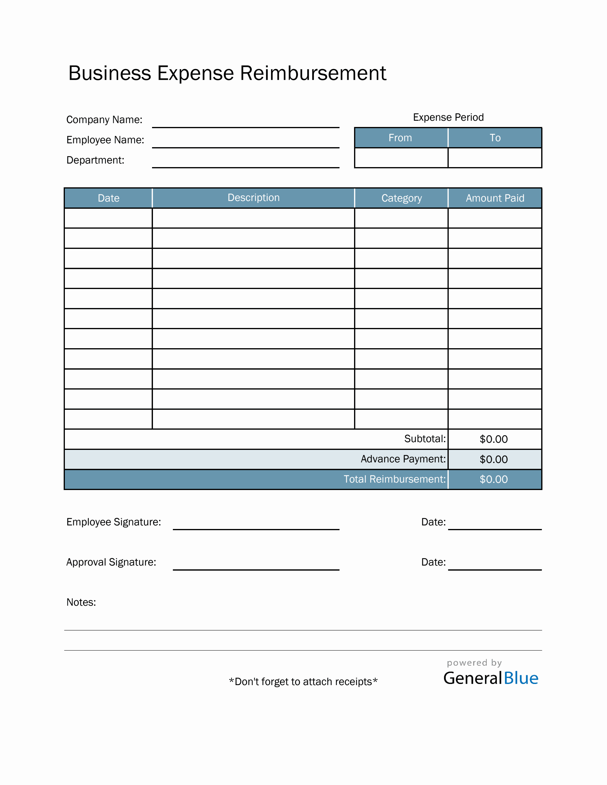 Business Expense Reimbursement in Excel (Aqua)