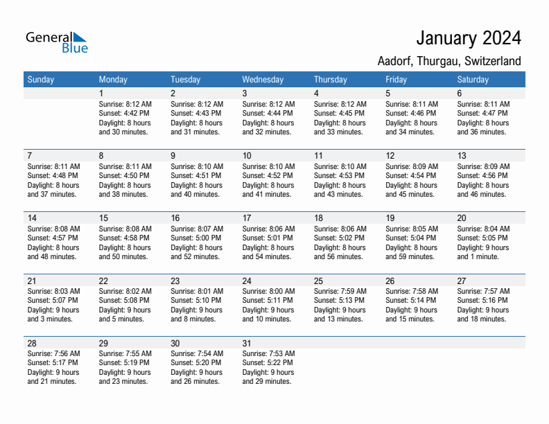 Aadorf January 2024 sunrise and sunset calendar in PDF, Excel, and Word