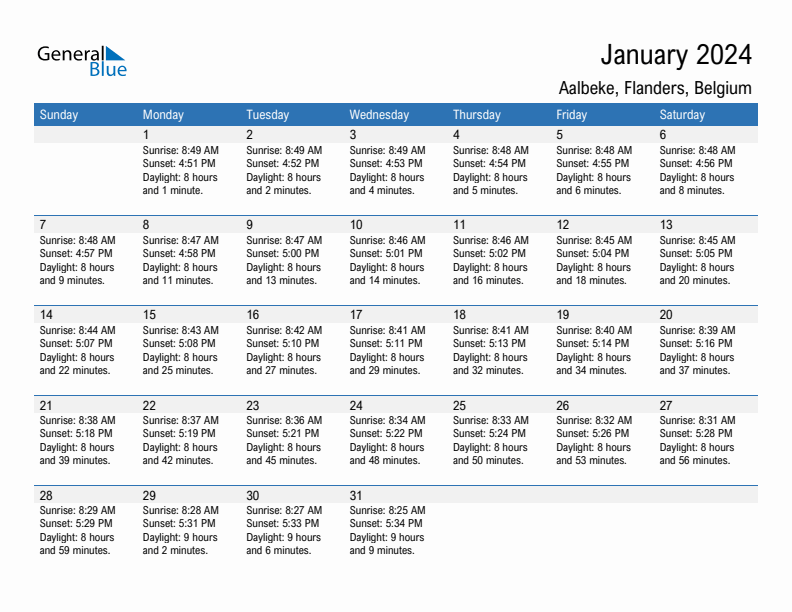 Aalbeke January 2024 sunrise and sunset calendar in PDF, Excel, and Word