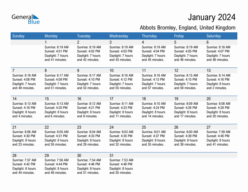 Abbots Bromley January 2024 sunrise and sunset calendar in PDF, Excel, and Word