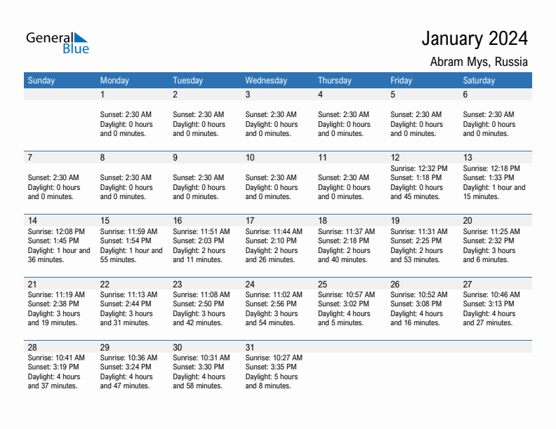 Abram Mys January 2024 sunrise and sunset calendar in PDF, Excel, and Word