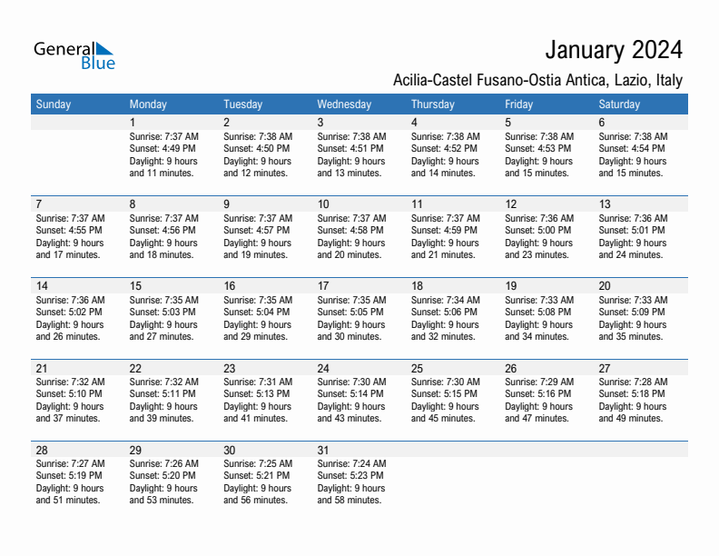 Acilia-Castel Fusano-Ostia Antica January 2024 sunrise and sunset calendar in PDF, Excel, and Word