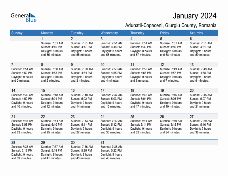 Adunatii-Copaceni January 2024 sunrise and sunset calendar in PDF, Excel, and Word