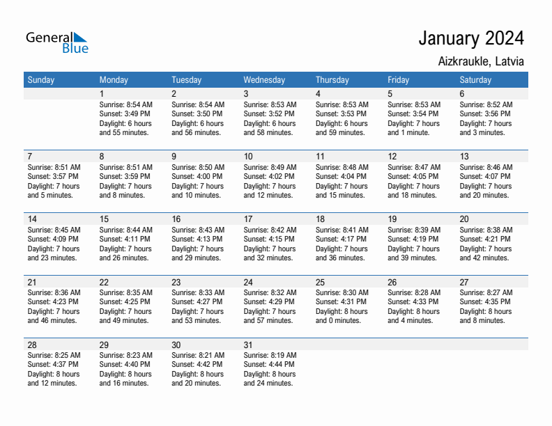 Aizkraukle January 2024 sunrise and sunset calendar in PDF, Excel, and Word