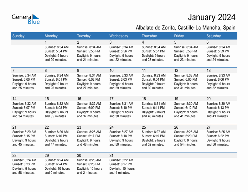 Albalate de Zorita January 2024 sunrise and sunset calendar in PDF, Excel, and Word