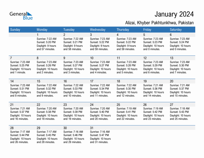 Alizai January 2024 sunrise and sunset calendar in PDF, Excel, and Word