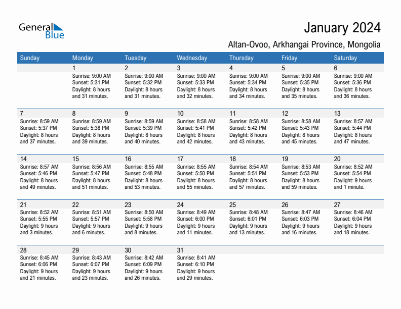 Altan-Ovoo January 2024 sunrise and sunset calendar in PDF, Excel, and Word