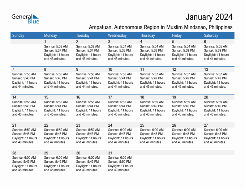 Ampatuan January 2024 sunrise and sunset calendar in PDF, Excel, and Word