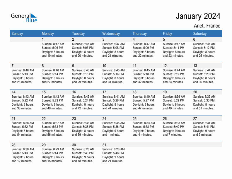 Anet January 2024 sunrise and sunset calendar in PDF, Excel, and Word