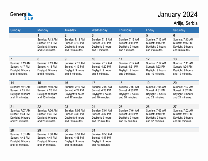 Arilje January 2024 sunrise and sunset calendar in PDF, Excel, and Word