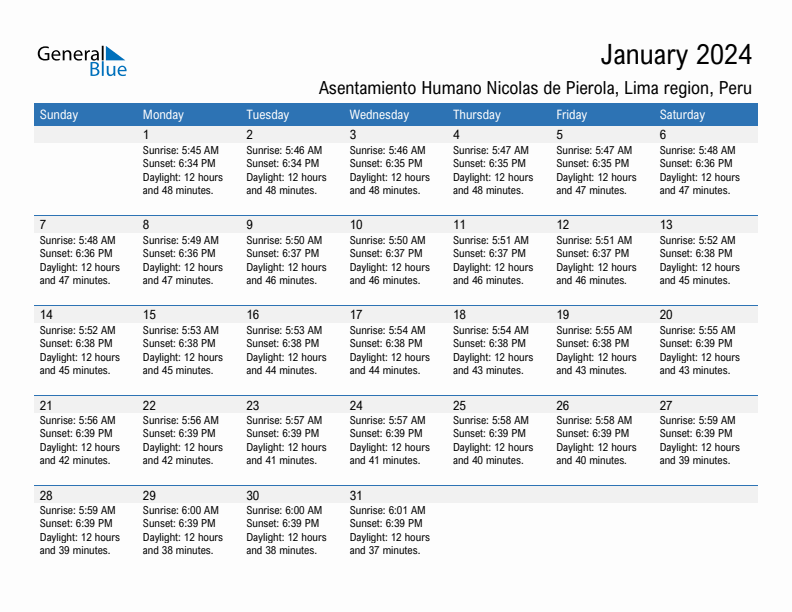 Asentamiento Humano Nicolas de Pierola January 2024 sunrise and sunset calendar in PDF, Excel, and Word