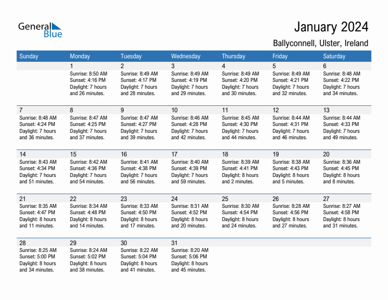 Ballyconnell January 2024 sunrise and sunset calendar in PDF, Excel, and Word