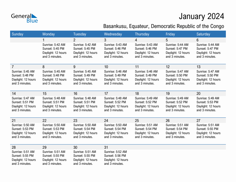 Basankusu January 2024 sunrise and sunset calendar in PDF, Excel, and Word