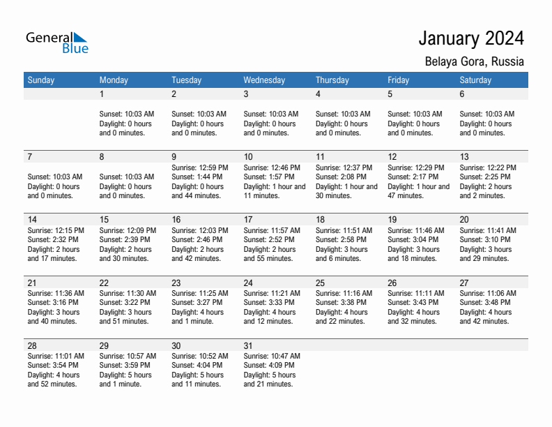 Belaya Gora January 2024 sunrise and sunset calendar in PDF, Excel, and Word