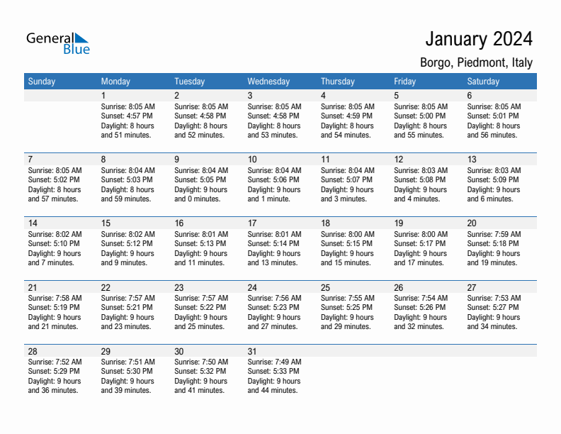 Borgo January 2024 sunrise and sunset calendar in PDF, Excel, and Word