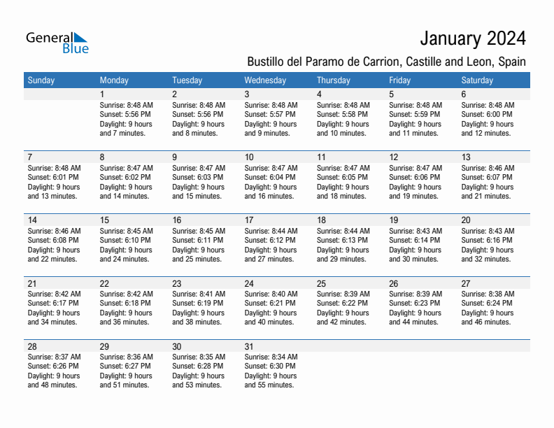 Bustillo del Paramo de Carrion January 2024 sunrise and sunset calendar in PDF, Excel, and Word