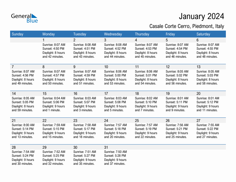 Casale Corte Cerro January 2024 sunrise and sunset calendar in PDF, Excel, and Word