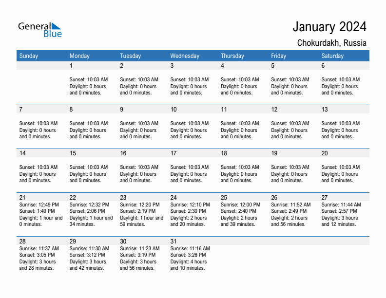 Chokurdakh January 2024 sunrise and sunset calendar in PDF, Excel, and Word