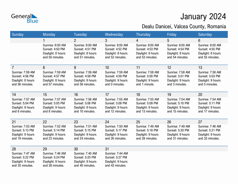 Dealu Danicei January 2024 sunrise and sunset calendar in PDF, Excel, and Word