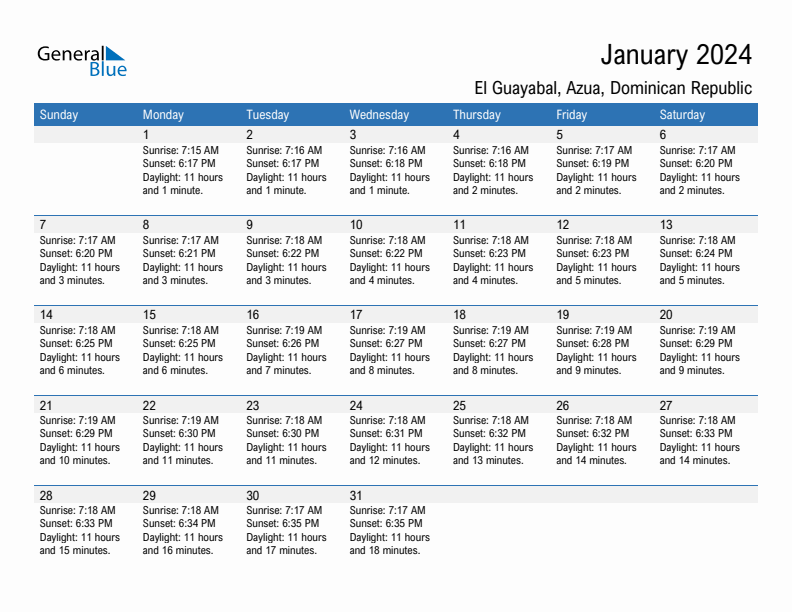 El Guayabal January 2024 sunrise and sunset calendar in PDF, Excel, and Word