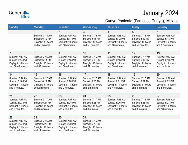 Gunyo Poniente (San Jose Gunyo) January 2024 sunrise and sunset calendar in PDF, Excel, and Word