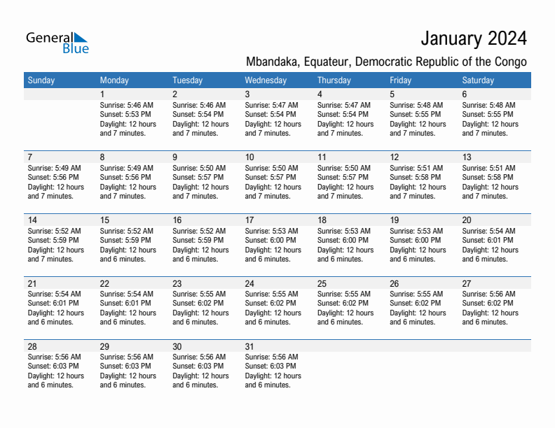 Mbandaka January 2024 sunrise and sunset calendar in PDF, Excel, and Word