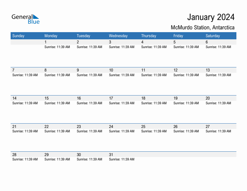 McMurdo Station January 2024 sunrise and sunset calendar in PDF, Excel, and Word