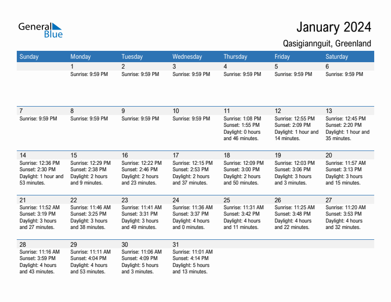 Qasigiannguit January 2024 sunrise and sunset calendar in PDF, Excel, and Word