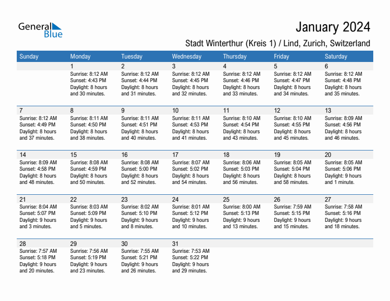 Stadt Winterthur (Kreis 1) / Lind January 2024 sunrise and sunset calendar in PDF, Excel, and Word