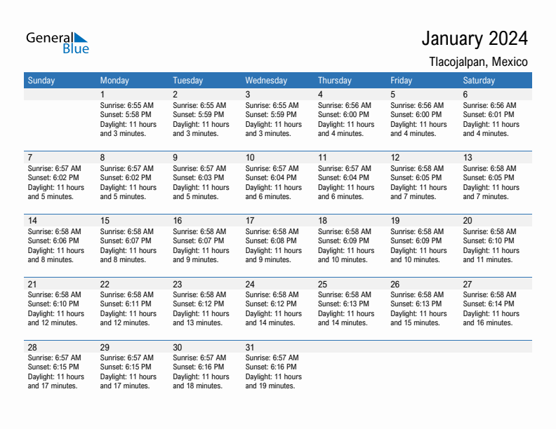 Tlacojalpan January 2024 sunrise and sunset calendar in PDF, Excel, and Word