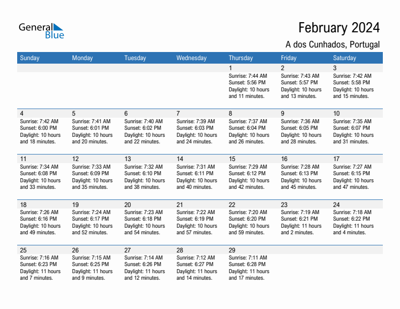 A dos Cunhados February 2024 sunrise and sunset calendar in PDF, Excel, and Word