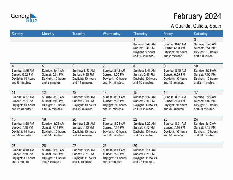 A Guarda February 2024 sunrise and sunset calendar in PDF, Excel, and Word