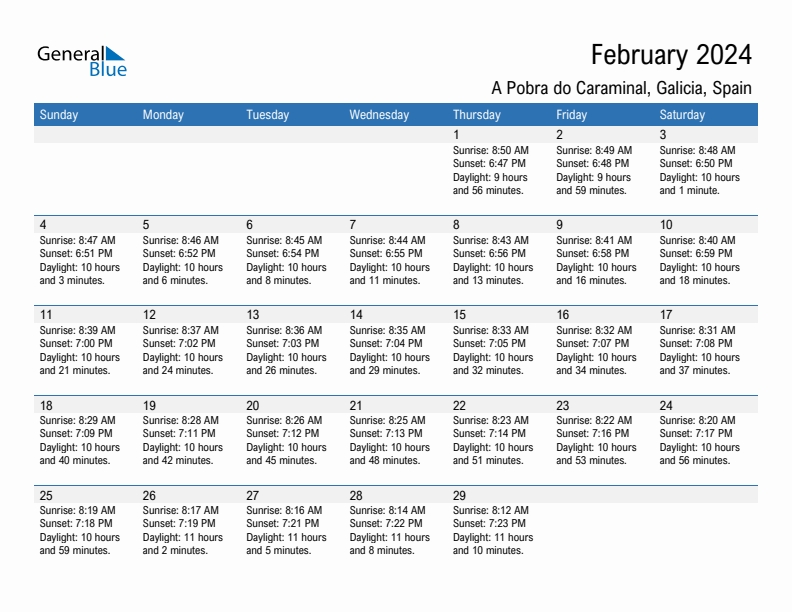 A Pobra do Caraminal February 2024 sunrise and sunset calendar in PDF, Excel, and Word