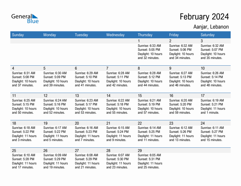 Aanjar February 2024 sunrise and sunset calendar in PDF, Excel, and Word