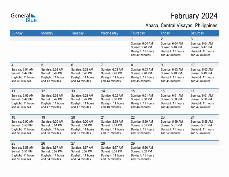 Abaca February 2024 sunrise and sunset calendar in PDF, Excel, and Word