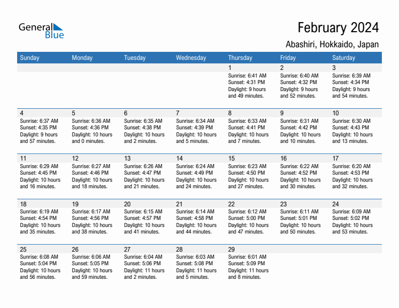 Abashiri February 2024 sunrise and sunset calendar in PDF, Excel, and Word