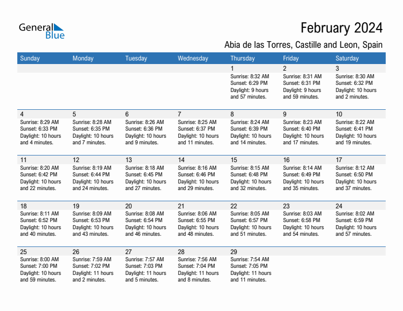 Abia de las Torres February 2024 sunrise and sunset calendar in PDF, Excel, and Word